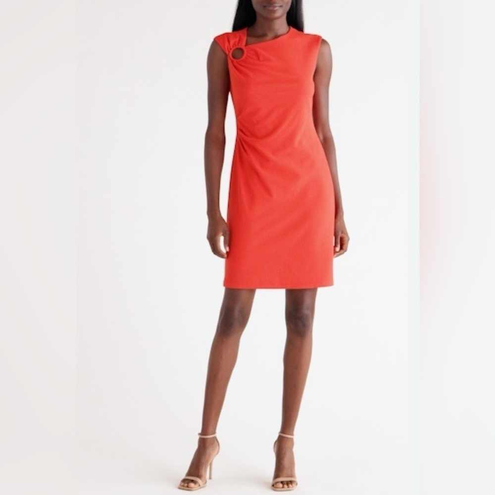 Donna Morgan Asymmetrical Neck with Ring Detail Sleek Shift Dress